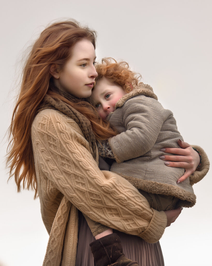 A girl holding her little brother on a cold winter's day in Surrey.