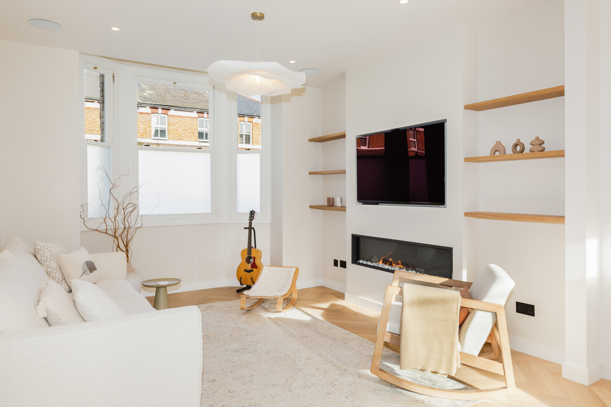 a modern minimal lounge room in Barnes, London