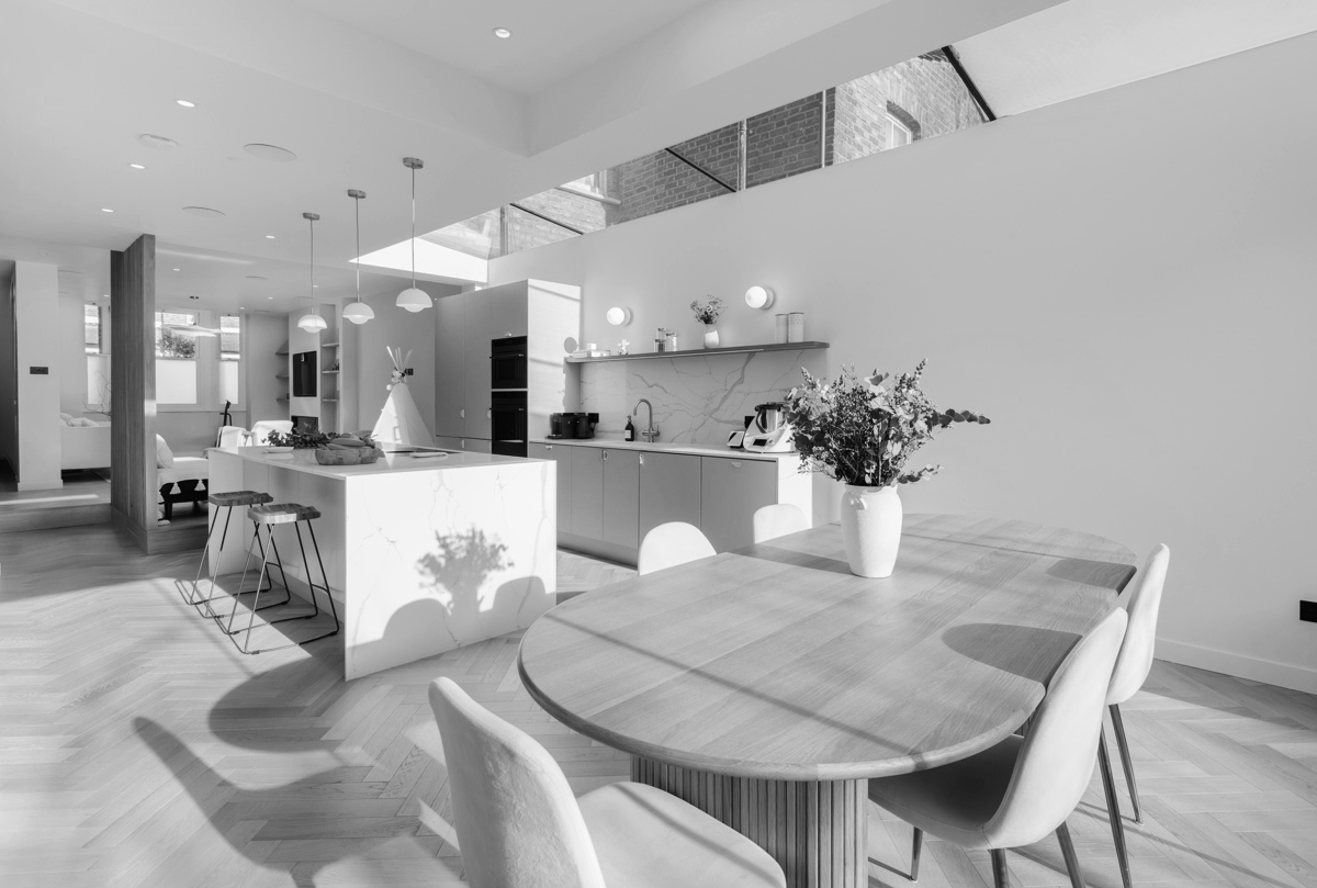 interiors photographer London a sunlit kitchen and lounge in a London house
